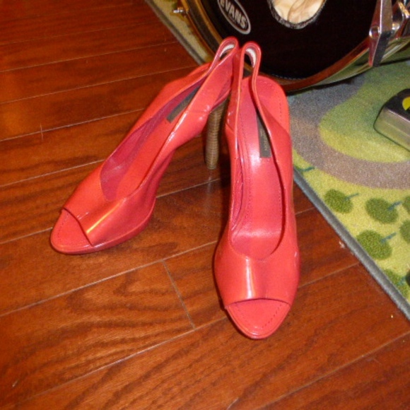 LOUIS VUITTON RED SLINGBACK HEELS SZ 37 OPEN-TOE pumps sandals slides slip-on - Picture 1 of 8